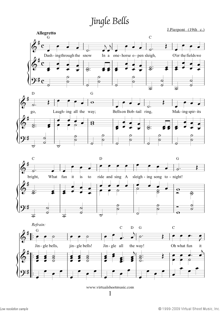 Jingle Bells Christmas Song Sheet Music, Page 1